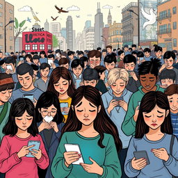 A thoughtful and engaging illustration depicting the negative effects of excessive social media use on society