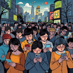 A thoughtful and engaging illustration depicting the negative effects of excessive social media use on society