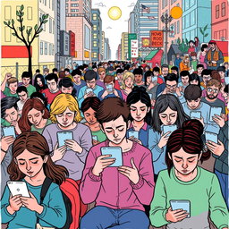 A thoughtful and engaging illustration depicting the negative effects of excessive social media use on society