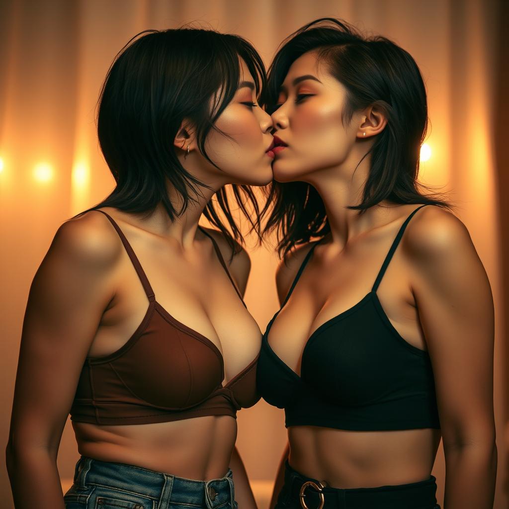 Two attractive Korean women, both looking sweaty and hot, sharing a passionate kiss