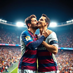 A dynamic and whimsical scene capturing the moment when two renowned football players, Lionel Messi and Cristiano Ronaldo, share a playful, friendly kiss on the cheek