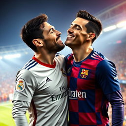A dynamic and whimsical scene capturing the moment when two renowned football players, Lionel Messi and Cristiano Ronaldo, share a playful, friendly kiss on the cheek