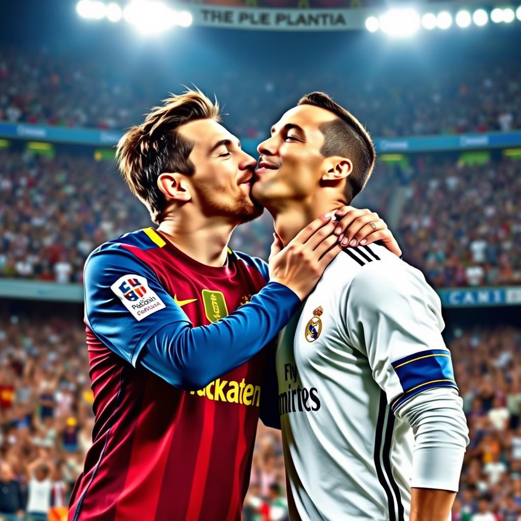 A dynamic and whimsical scene capturing the moment when two renowned football players, Lionel Messi and Cristiano Ronaldo, share a playful, friendly kiss on the cheek