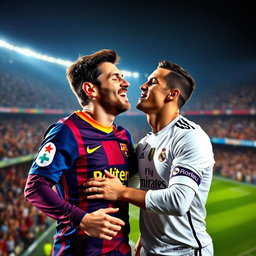A dynamic and whimsical scene capturing the moment when two renowned football players, Lionel Messi and Cristiano Ronaldo, share a playful, friendly kiss on the cheek