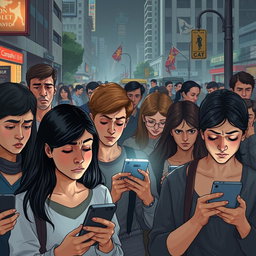 A realistic and powerful illustration focusing on the negative effects of excessive social media use on society