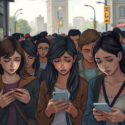 A realistic and powerful illustration focusing on the negative effects of excessive social media use on society
