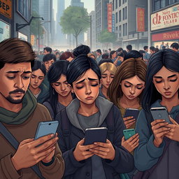 A realistic and powerful illustration focusing on the negative effects of excessive social media use on society
