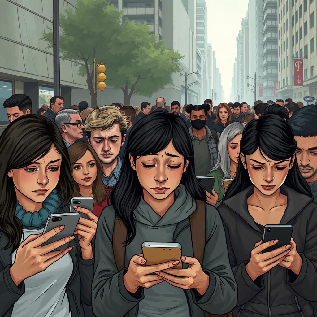A realistic and powerful illustration focusing on the negative effects of excessive social media use on society
