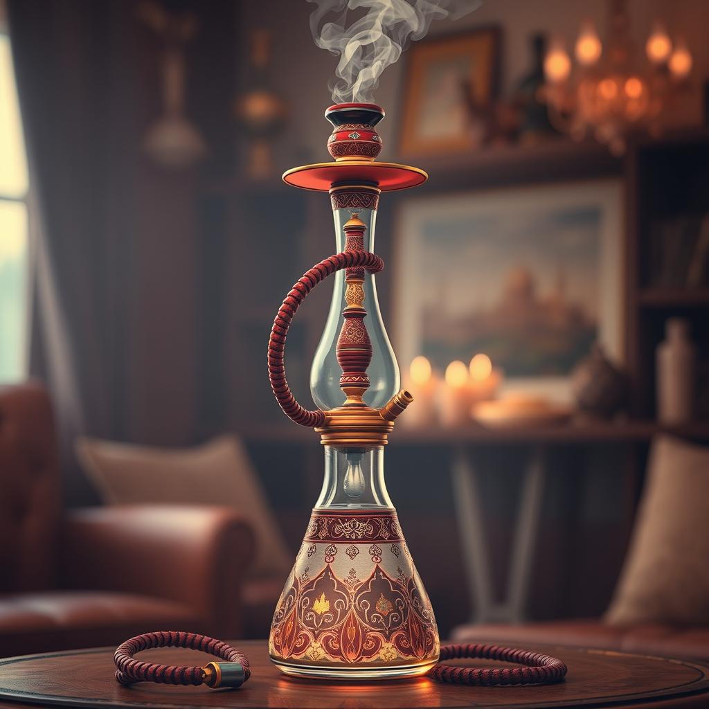 An artistic, highly detailed illustration of a glass bottle transformed into a hookah
