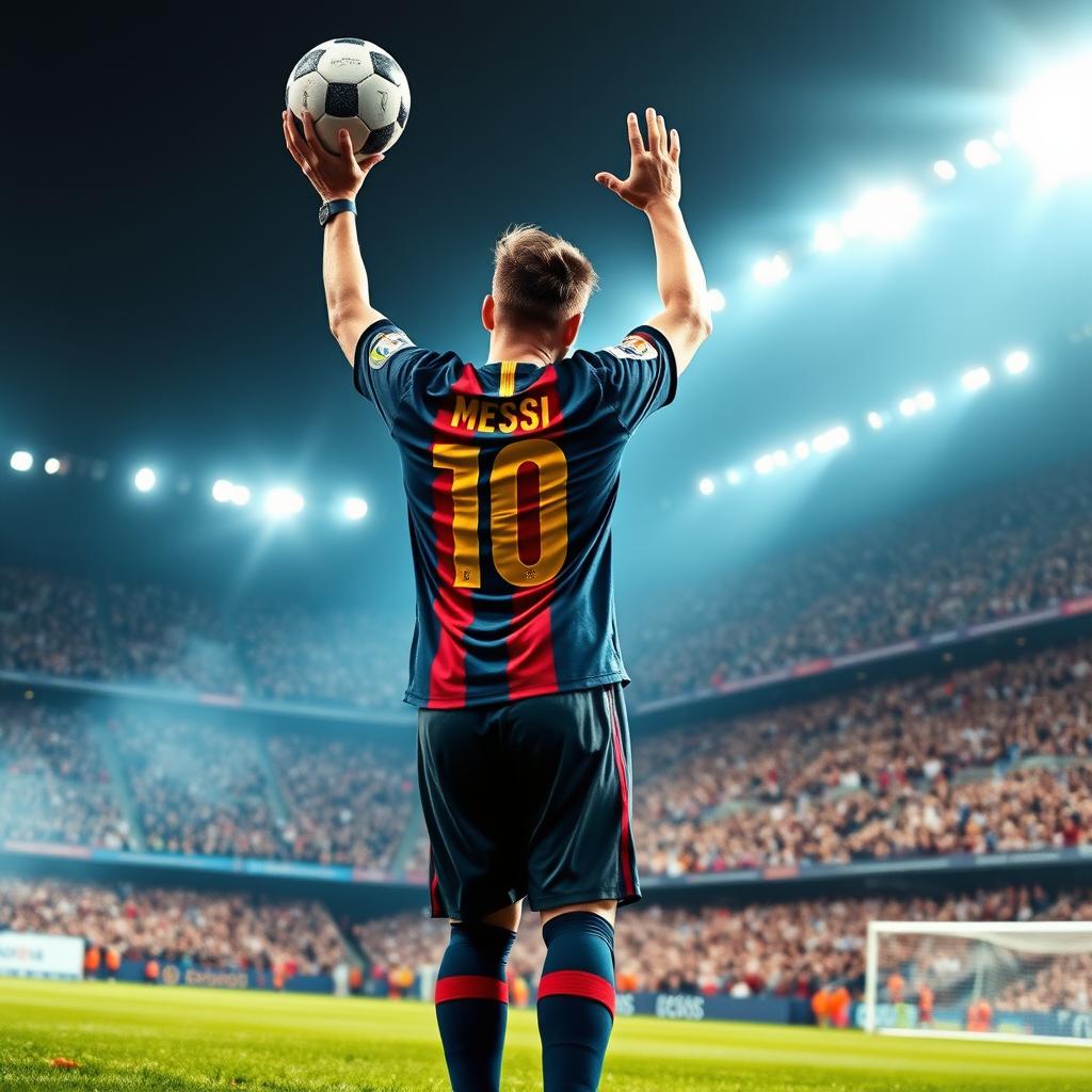 A dramatic yet artistic representation of a legendary footballer, inspired by Lionel Messi, in a heroic pose as he triumphs over adversity