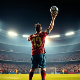 A dramatic yet artistic representation of a legendary footballer, inspired by Lionel Messi, in a heroic pose as he triumphs over adversity