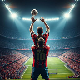 A dramatic yet artistic representation of a legendary footballer, inspired by Lionel Messi, in a heroic pose as he triumphs over adversity