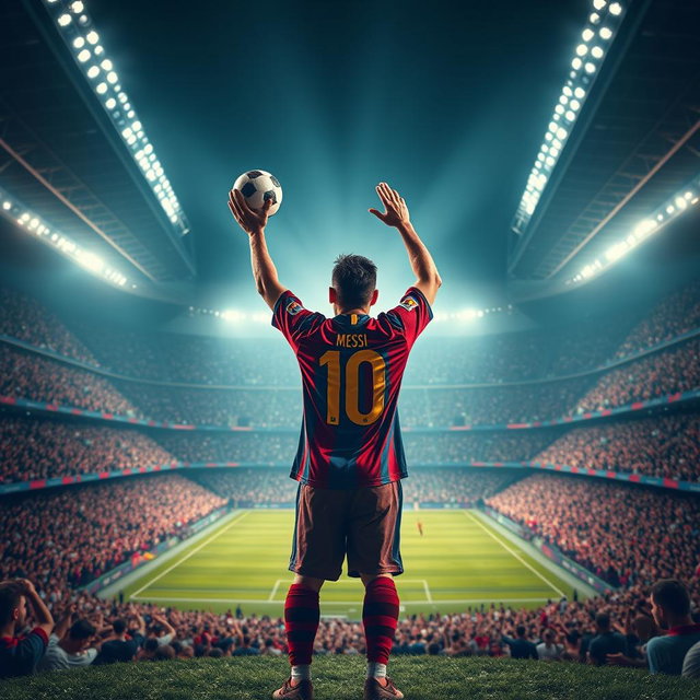 A dramatic yet artistic representation of a legendary footballer, inspired by Lionel Messi, in a heroic pose as he triumphs over adversity