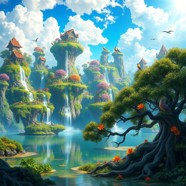 A vibrant and colorful fantasy landscape depicting a vast expanse of magical floating islands known as Tazones, with lush greenery, cascading waterfalls, and exotic flowers in full bloom