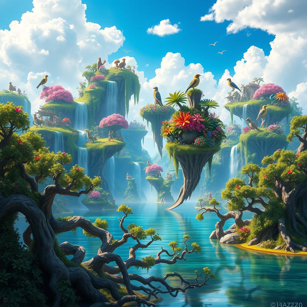 A vibrant and colorful fantasy landscape depicting a vast expanse of magical floating islands known as Tazones, with lush greenery, cascading waterfalls, and exotic flowers in full bloom