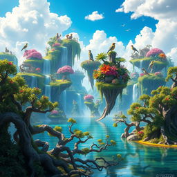A vibrant and colorful fantasy landscape depicting a vast expanse of magical floating islands known as Tazones, with lush greenery, cascading waterfalls, and exotic flowers in full bloom