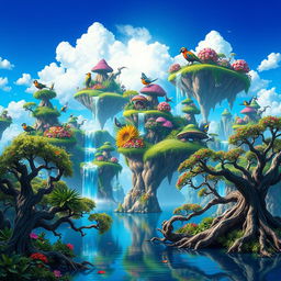 A vibrant and colorful fantasy landscape depicting a vast expanse of magical floating islands known as Tazones, with lush greenery, cascading waterfalls, and exotic flowers in full bloom