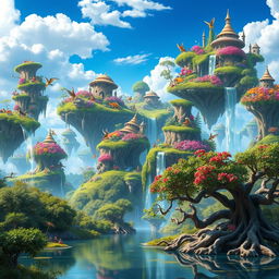 A vibrant and colorful fantasy landscape depicting a vast expanse of magical floating islands known as Tazones, with lush greenery, cascading waterfalls, and exotic flowers in full bloom