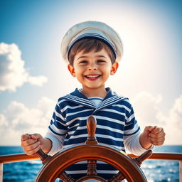 A young boy in a classic sailor's uniform, complete with a navy blue and white striped top and a sailor's hat, standing behind a ship's steering wheel