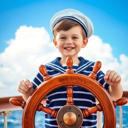 A young boy in a classic sailor's uniform, complete with a navy blue and white striped top and a sailor's hat, standing behind a ship's steering wheel
