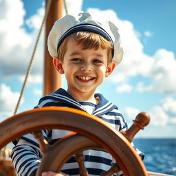 A young boy in a classic sailor's uniform, complete with a navy blue and white striped top and a sailor's hat, standing behind a ship's steering wheel