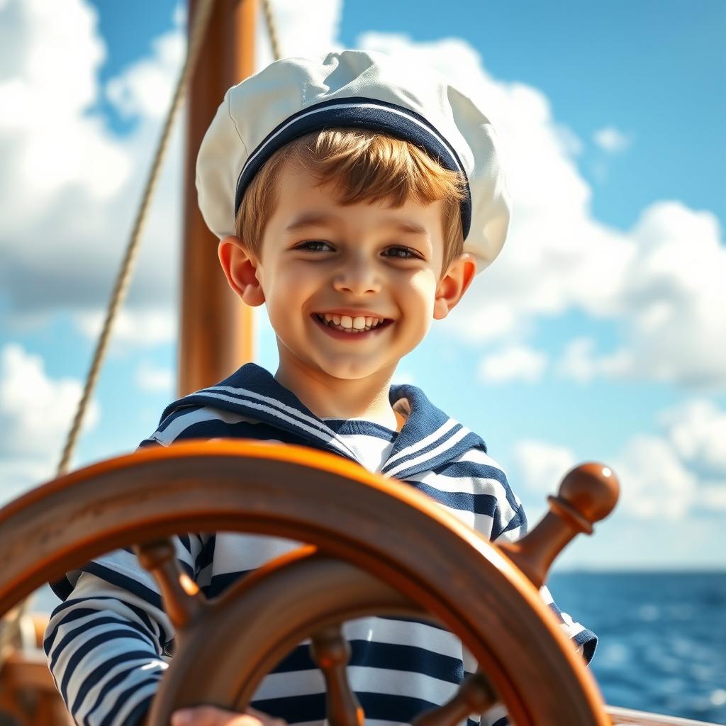 A young boy in a classic sailor's uniform, complete with a navy blue and white striped top and a sailor's hat, standing behind a ship's steering wheel