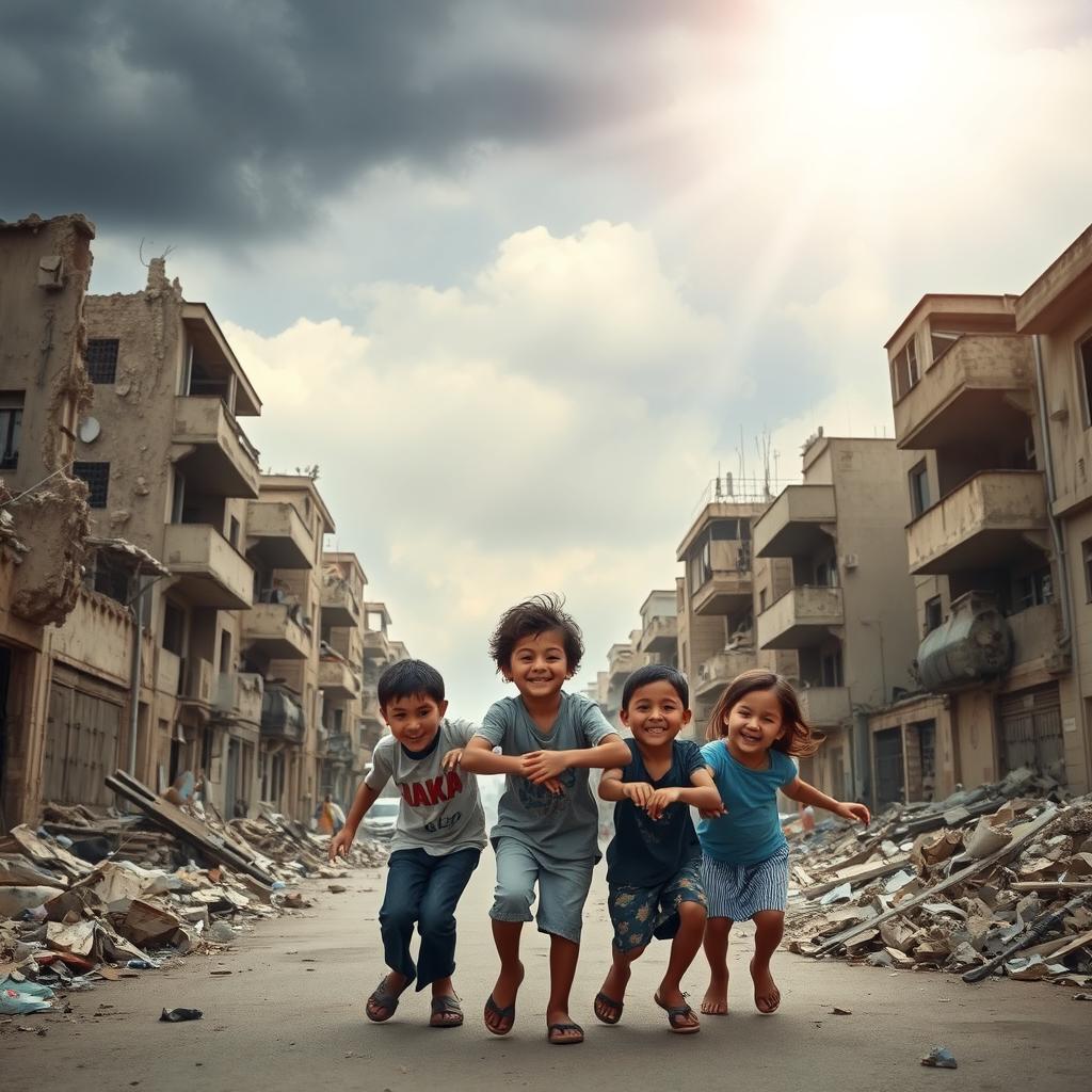 An emotional scene depicting the streets of war-torn Gaza, showcasing the effects of conflict on the urban landscape
