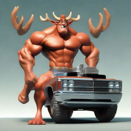 An extremely muscular rendition of Rudolph the Red-Nosed Reindeer, with a detailed muscle car replacing his torso, standing in a dynamic pose