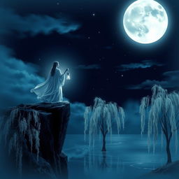 A mystical scene depicting a serene night with a large, luminous full moon casting a gentle glow over a tranquil landscape