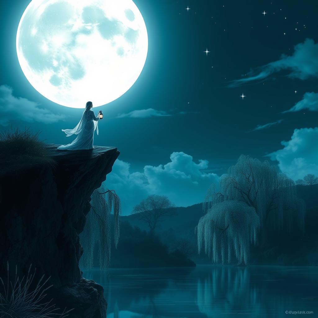 A mystical scene depicting a serene night with a large, luminous full moon casting a gentle glow over a tranquil landscape