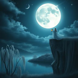A mystical scene depicting a serene night with a large, luminous full moon casting a gentle glow over a tranquil landscape