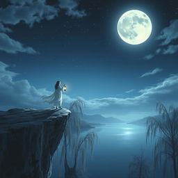 A mystical scene depicting a serene night with a large, luminous full moon casting a gentle glow over a tranquil landscape