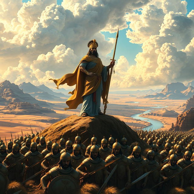 A majestic scene depicting Cyrus the Great leading his armies to conquer the world