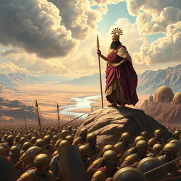 A majestic scene depicting Cyrus the Great leading his armies to conquer the world