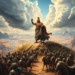 A majestic scene depicting Cyrus the Great leading his armies to conquer the world