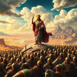 A majestic scene depicting Cyrus the Great leading his armies to conquer the world