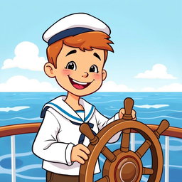 A cartoon illustration of a young boy wearing a classic sailor's uniform, including a white shirt and sailor cap, standing behind a ship's steering wheel