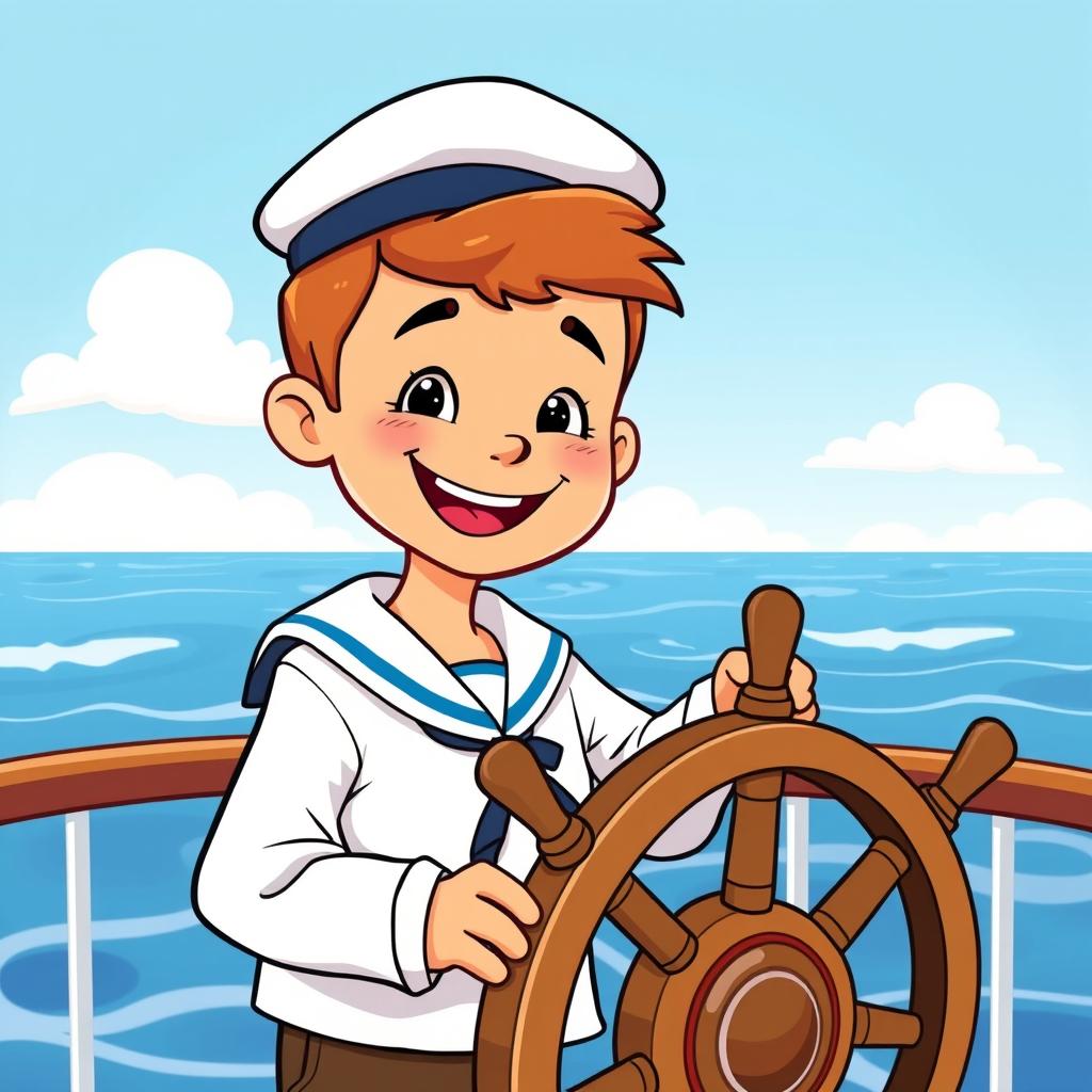 A cartoon illustration of a young boy wearing a classic sailor's uniform, including a white shirt and sailor cap, standing behind a ship's steering wheel