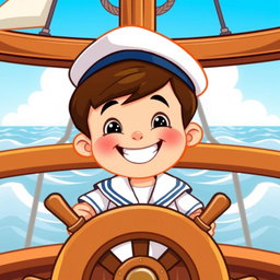 A cartoon illustration of a young boy wearing a classic sailor's uniform, including a white shirt and sailor cap, standing behind a ship's steering wheel