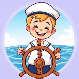 A cartoon illustration of a young boy wearing a classic sailor's uniform, including a white shirt and sailor cap, standing behind a ship's steering wheel