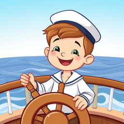 A cartoon illustration of a young boy wearing a classic sailor's uniform, including a white shirt and sailor cap, standing behind a ship's steering wheel