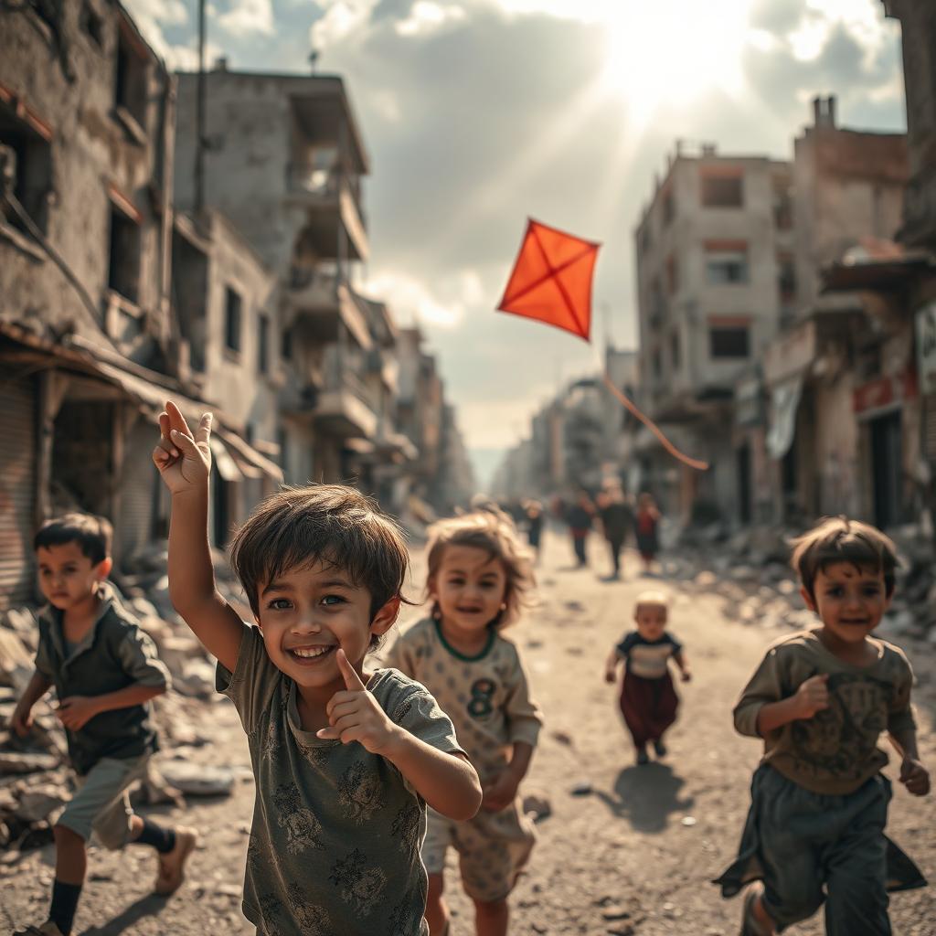 A poignant scene of war-torn Gaza, showcasing the resilience of a community amidst destruction