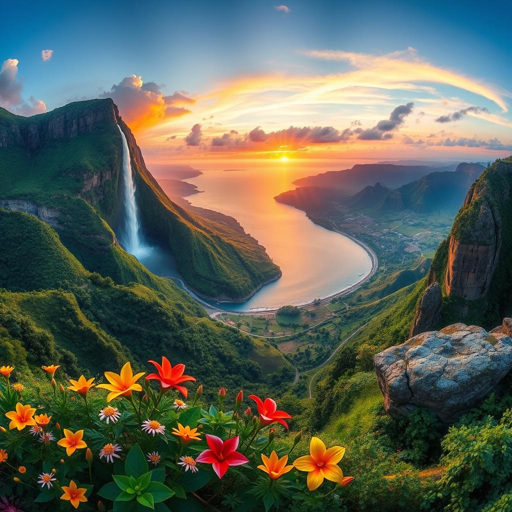 A breathtaking panoramic view capturing the diverse landscapes of Venezuela, featuring the majestic Angel Falls cascading down from lush green mountains, a vibrant sunset over the Caribbean coast, blooming tropical flowers in the foreground, the vast plains of Los Llanos, and the unique rock formations of the Gran Sabana