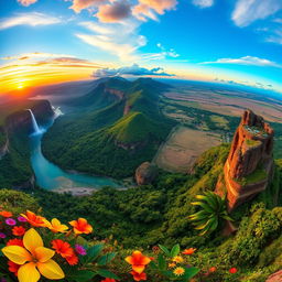 A breathtaking panoramic view capturing the diverse landscapes of Venezuela, featuring the majestic Angel Falls cascading down from lush green mountains, a vibrant sunset over the Caribbean coast, blooming tropical flowers in the foreground, the vast plains of Los Llanos, and the unique rock formations of the Gran Sabana