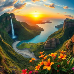 A breathtaking panoramic view capturing the diverse landscapes of Venezuela, featuring the majestic Angel Falls cascading down from lush green mountains, a vibrant sunset over the Caribbean coast, blooming tropical flowers in the foreground, the vast plains of Los Llanos, and the unique rock formations of the Gran Sabana