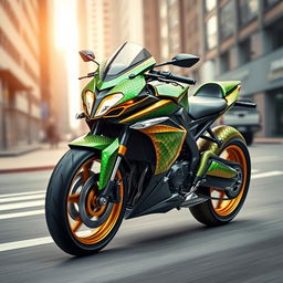 A creative fusion of a motorcycle and a snake design, showcasing a sleek, modern motorcycle whose body mimics the scales and curves of a serpent