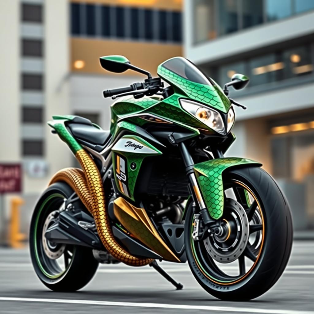 A creative fusion of a motorcycle and a snake design, showcasing a sleek, modern motorcycle whose body mimics the scales and curves of a serpent