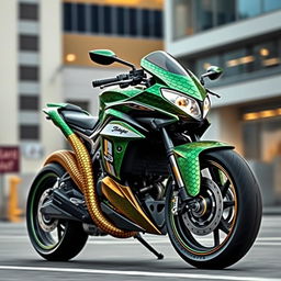 A creative fusion of a motorcycle and a snake design, showcasing a sleek, modern motorcycle whose body mimics the scales and curves of a serpent