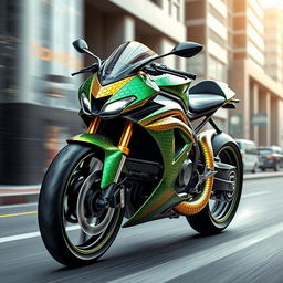 A creative fusion of a motorcycle and a snake design, showcasing a sleek, modern motorcycle whose body mimics the scales and curves of a serpent