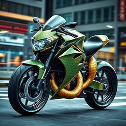 A creative fusion of a motorcycle and a snake design, showcasing a sleek, modern motorcycle whose body mimics the scales and curves of a serpent
